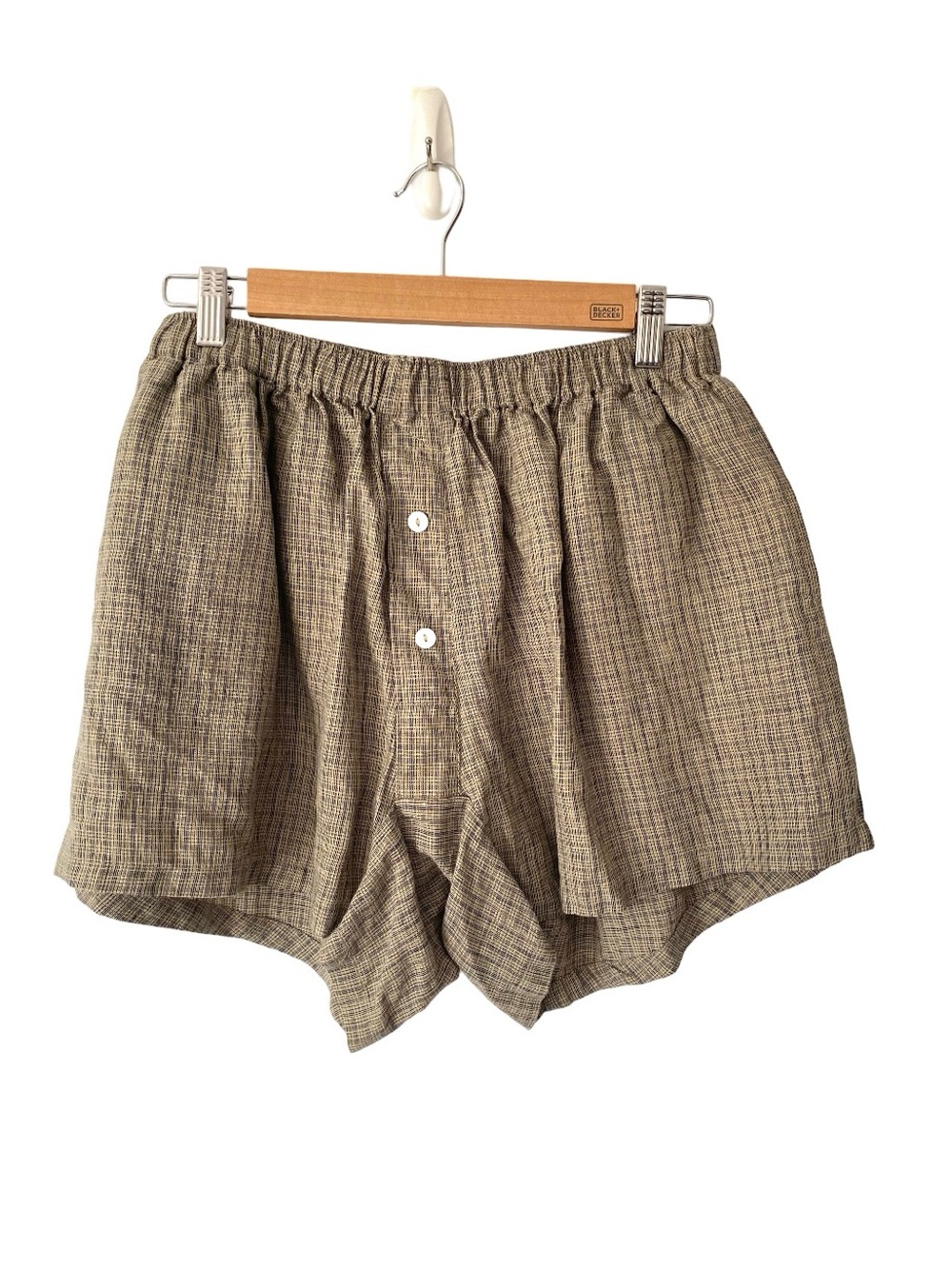 Deiji Studios 03 Linen Tan Checked Loungewear Boxer Shorts size M/L